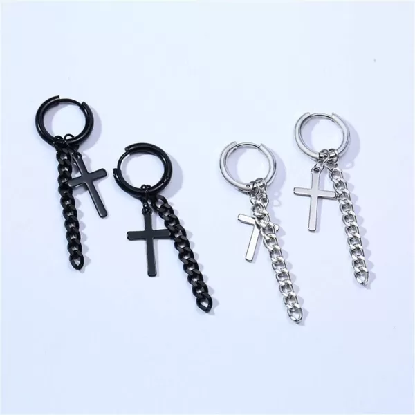 Mens Cross Chain Dangle Small Hoop Earrings for Men Women Stainless Steel Black Charm Tassel Drop Dangling Huggie Hoops Cartilage Cuff Clip Hypoallergenic Fashion Unisex EarringBlack