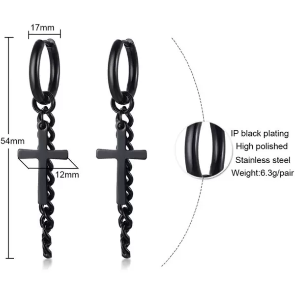 Mens Cross Chain Dangle Small Hoop Earrings for Men Women Stainless Steel Black Charm Tassel Drop Dangling Huggie Hoops Cartilage Cuff Clip Hypoallergenic Fashion Unisex EarringBlack