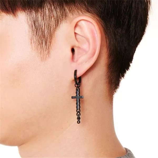 Mens Cross Chain Dangle Small Hoop Earrings for Men Women Stainless Steel Black Charm Tassel Drop Dangling Huggie Hoops Cartilage Cuff Clip Hypoallergenic Fashion Unisex EarringBlack