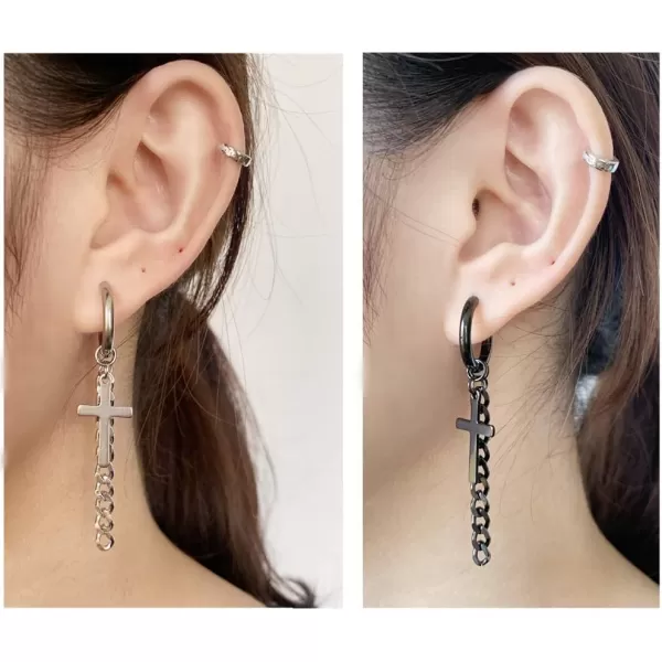 Mens Cross Chain Dangle Small Hoop Earrings for Men Women Stainless Steel Black Charm Tassel Drop Dangling Huggie Hoops Cartilage Cuff Clip Hypoallergenic Fashion Unisex EarringBlack
