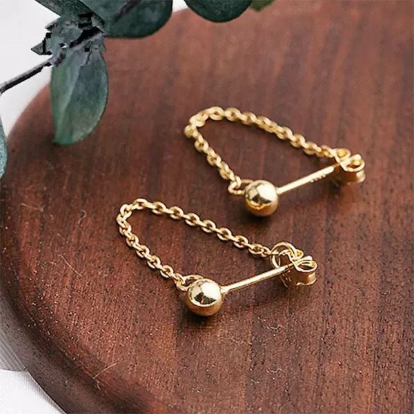 Minimalist Ball Bead Tassel Chain Drop Dangle Earrings for Women Girls S925 Sterling Silver Tiny Balls Stud Tragus Cartilage Hypoallergenic Pierced Ear Fashion Punk JewelryGold