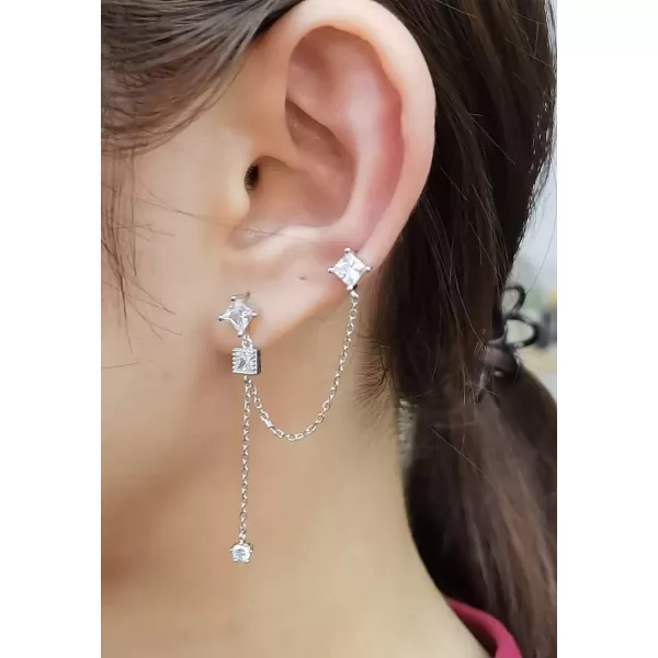 Princess Cut Cubic Zirconia Double Piercing Chain Dangle Cartilage Stud Earrings for Women Girls 925 Sterling Silver Dainty Geometric Round CZ Cuff Tassel Drop Climber Crawler Fashion Asymmetrical Jewelry GiftsPrincess Cut Cubic Zirconia Double Piercing Chain Dangle Cartilage Stud Earrings for Women Girls 925 Sterling Silver Dainty Geometric Round CZ Cuff Tassel Drop Climber Crawler Fashion Asymmetrical Jewelry Gifts