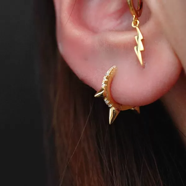 Punk Spikes Stud Small CZ Hoop Earrings for Women Teen Girls Men 925 Sterling Silver Charms Huggie Hoops Cuff Cartilage Stud Tragus Helix Crystal Wrap Earrings Hypoallergenic Rock Fashion Jewelrygold plated