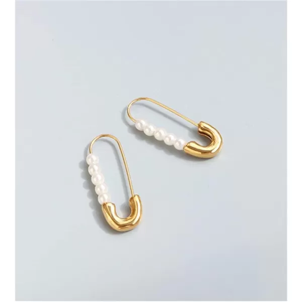 Retro Pearl Safety Pin Cartilage Hoop Earrings for Women Girls Stainless Steel Imitation Pearls Cute Hoops Dangle Drop Fashion Hypoallergenic Jewelry Gifts 25mmGold