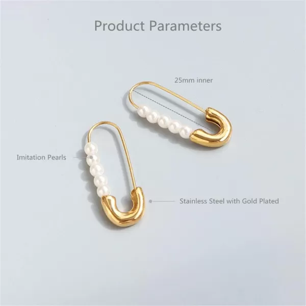 Retro Pearl Safety Pin Cartilage Hoop Earrings for Women Girls Stainless Steel Imitation Pearls Cute Hoops Dangle Drop Fashion Hypoallergenic Jewelry Gifts 25mmGold