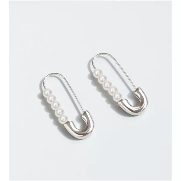 Retro Pearl Safety Pin Cartilage Hoop Earrings for Women Girls Stainless Steel Imitation Pearls Cute Hoops Dangle Drop Fashion Hypoallergenic Jewelry Gifts 25mmSilver