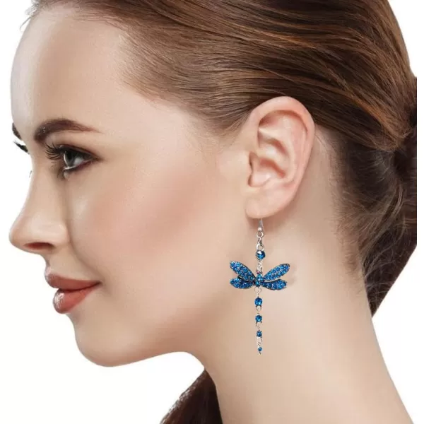 Rhinestone Dragonfly Dangle Earrings for Women Girls Hypoallergenic Cubic Zirconia Crystal Drop Animal Insect Statement Hook Stud Earrings Delicate Elegant Wedding Birthday Christmas JewelryBlue CZ