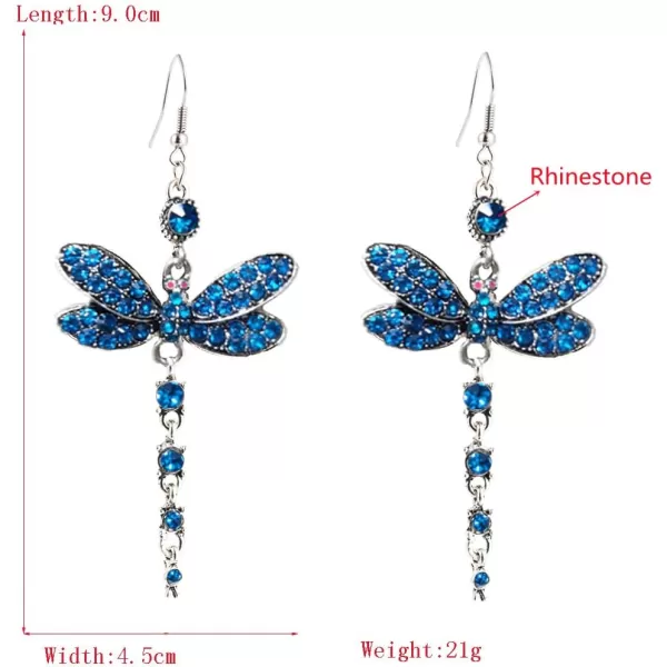 Rhinestone Dragonfly Dangle Earrings for Women Girls Hypoallergenic Cubic Zirconia Crystal Drop Animal Insect Statement Hook Stud Earrings Delicate Elegant Wedding Birthday Christmas JewelryBlue CZ