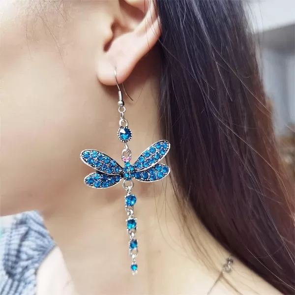 Rhinestone Dragonfly Dangle Earrings for Women Girls Hypoallergenic Cubic Zirconia Crystal Drop Animal Insect Statement Hook Stud Earrings Delicate Elegant Wedding Birthday Christmas JewelryBlue CZ