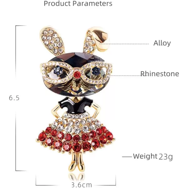 Rhinestone Lady Rabbit Brooch Pin for Women Girls Fashion Crystal Bunny Animal Brooches Lapel Pins Dainty Cute Christmas Graduation Honors Day Easter Jewelry Gift for Daughter Teacher StudentsRed
