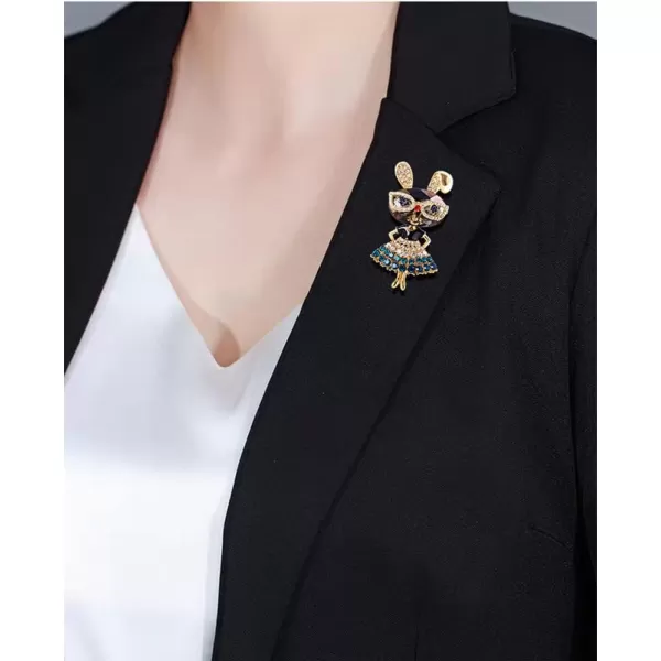 Rhinestone Lady Rabbit Brooch Pin for Women Girls Fashion Crystal Bunny Animal Brooches Lapel Pins Dainty Cute Christmas Graduation Honors Day Easter Jewelry Gift for Daughter Teacher StudentsBlue