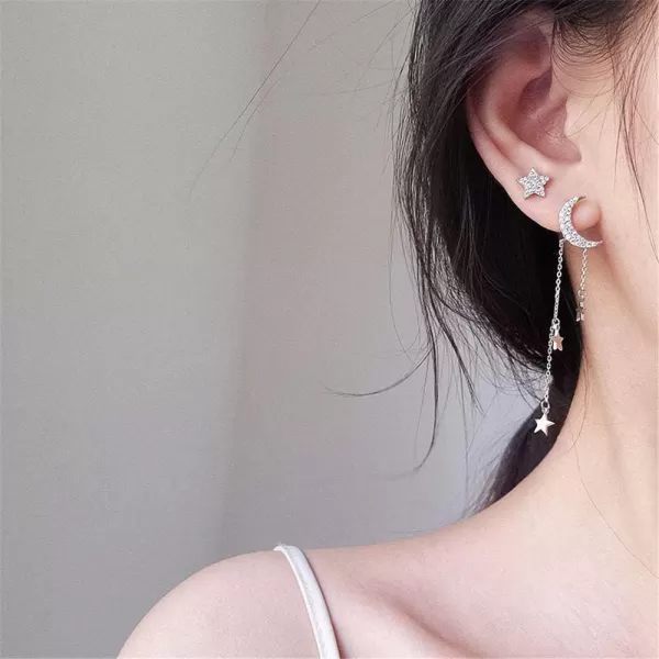 Star Moon Asymmetrical CZ Stud Tassel Chain Dangle Drop Earrings for Women Girls S925 Sterling Silver Crystal Star Crescent Constallation Tragus Post Pin Hypoallergenic Earring Delicate GiftStar Moon Asymmetrical CZ Stud Tassel Chain Dangle Drop Earrings for Women Girls S925 Sterling Silver Crystal Star Crescent Constallation Tragus Post Pin Hypoallergenic Earring Delicate Gift