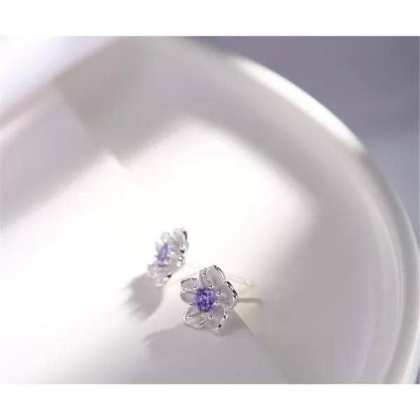 Sterling Silver CZ Flower Cartilage Stud Earrings for Women Teen Girls Crystal Birthstones Cherry Blossom Jasmine Tiny Small Flower Cute Stud Post Pin Hypoallergenic Boho Birthday JewelryAmethyst Diamond