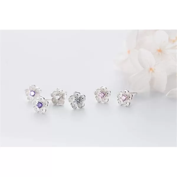 Sterling Silver CZ Flower Cartilage Stud Earrings for Women Teen Girls Crystal Birthstones Cherry Blossom Jasmine Tiny Small Flower Cute Stud Post Pin Hypoallergenic Boho Birthday JewelryClear Diamond