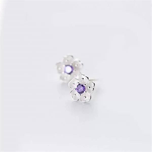 Sterling Silver CZ Flower Cartilage Stud Earrings for Women Teen Girls Crystal Birthstones Cherry Blossom Jasmine Tiny Small Flower Cute Stud Post Pin Hypoallergenic Boho Birthday JewelryAmethyst Diamond