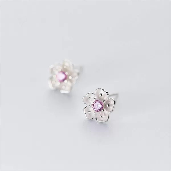 Sterling Silver CZ Flower Cartilage Stud Earrings for Women Teen Girls Crystal Birthstones Cherry Blossom Jasmine Tiny Small Flower Cute Stud Post Pin Hypoallergenic Boho Birthday JewelryPink Diamond