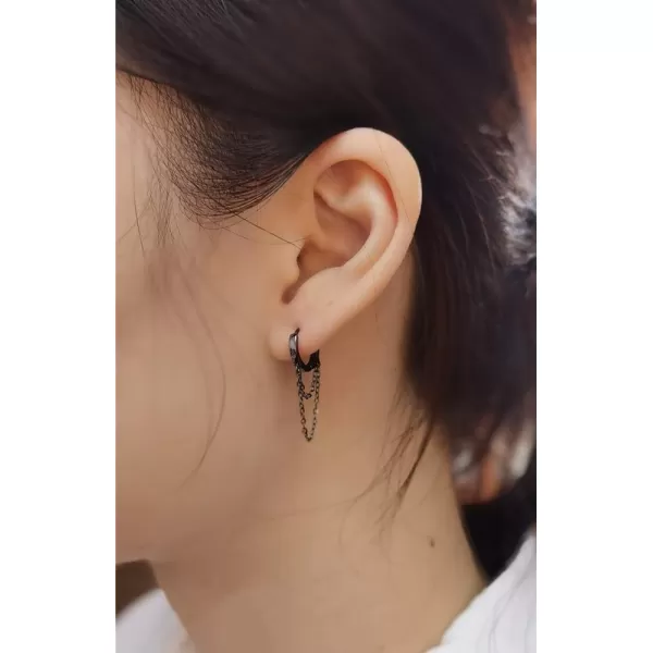 Tassel Chain Drop Dangle Small Hoop Earrings for Women Girls 925 Sterling Silver Huggie Helix Cartilage Tragus Daith Piercing Cuff Minimalist Fashion Personalized Punk JewelryBlack