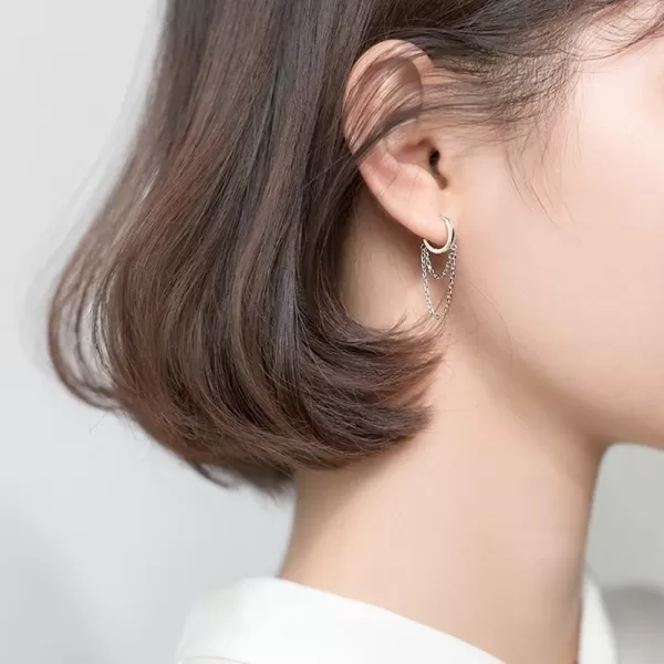 Tassel Chain Drop Dangle Small Hoop Earrings for Women Girls 925 Sterling Silver Huggie Helix Cartilage Tragus Daith Piercing Cuff Minimalist Fashion Personalized Punk JewelrySilver