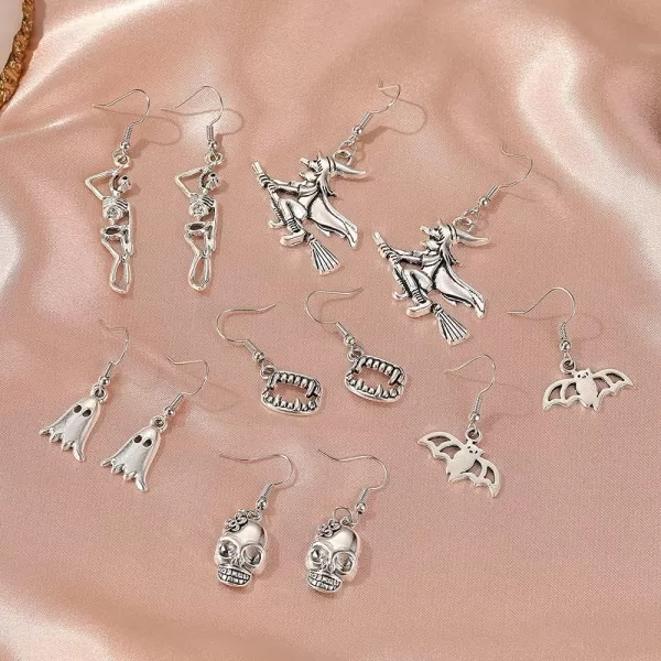 Vintage Gothic Dangle Hook Earrings for Women Girls Silver Tone Exaggerated Hand Hollow Head Dancing Skull Small Cute Bat Dangling Studs Halloween Party Jewelry GiftsCute Bat