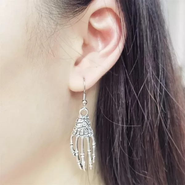 Vintage Gothic Dangle Hook Earrings for Women Girls Silver Tone Exaggerated Hand Hollow Head Dancing Skull Small Cute Bat Dangling Studs Halloween Party Jewelry GiftsSkull Hand