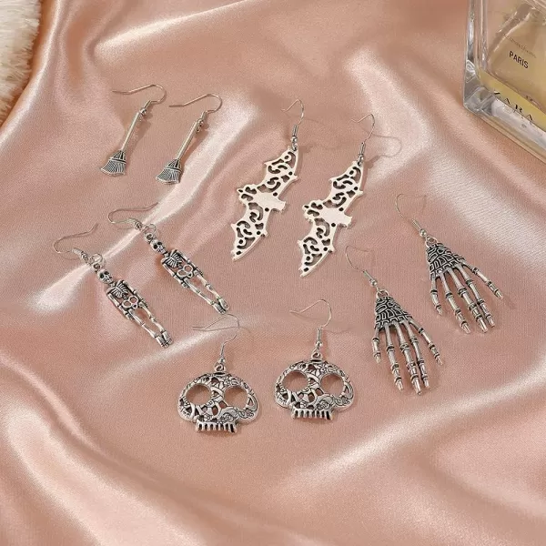 Vintage Gothic Dangle Hook Earrings for Women Girls Silver Tone Exaggerated Hand Hollow Head Dancing Skull Small Cute Bat Dangling Studs Halloween Party Jewelry GiftsSkull Hand