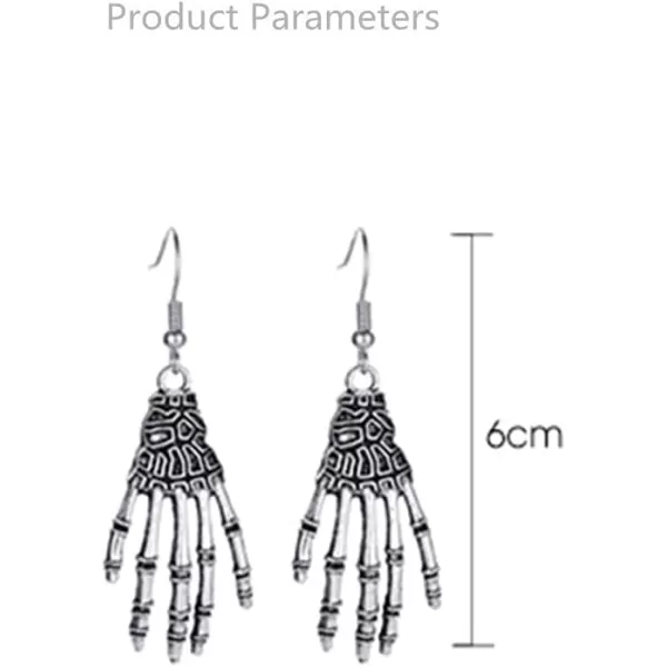 Vintage Gothic Dangle Hook Earrings for Women Girls Silver Tone Exaggerated Hand Hollow Head Dancing Skull Small Cute Bat Dangling Studs Halloween Party Jewelry GiftsSkull Hand