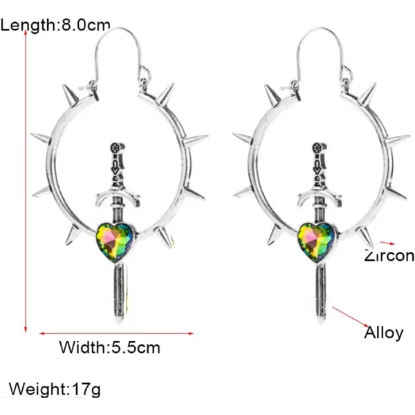 Vintage Spike Sword Dangle Hoop Earrings for Women Girls Cubic Zirconia Love Heart Dagger Spike Cone Full Moon Drop Dangling Huggie Hoops Retro Birthday Cosplay Halloween Party JewelrySilver Plated