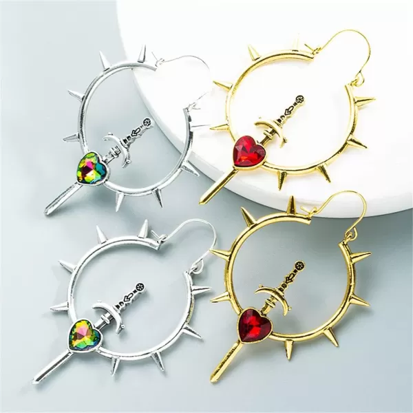 Vintage Spike Sword Dangle Hoop Earrings for Women Girls Cubic Zirconia Love Heart Dagger Spike Cone Full Moon Drop Dangling Huggie Hoops Retro Birthday Cosplay Halloween Party JewelrySilver Plated