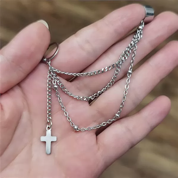 Vintage Tassel Dangle Ear Cuff Crawler Climber Earring for Women Girls Stainless Steel Cartilage Small Hoop Wrap Vine Clip on Layered Chain Drop Fashion Lightweight Comfy Jewelry 1 PieceCross