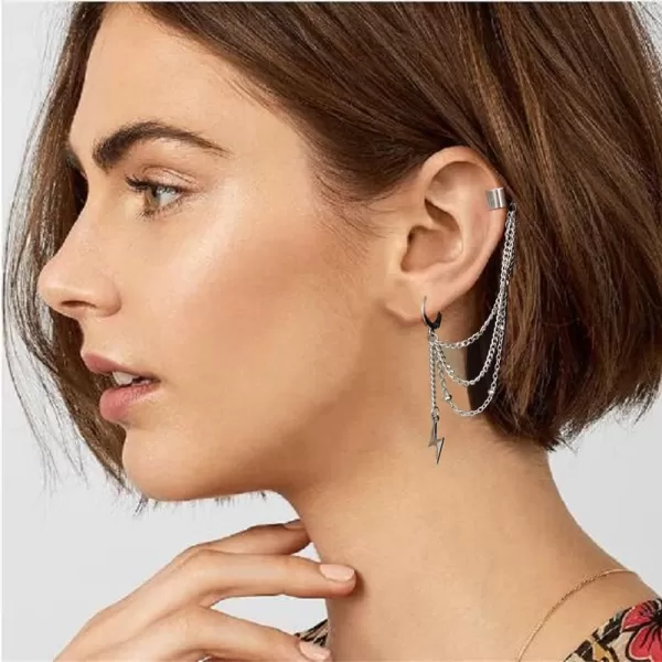 Vintage Tassel Dangle Ear Cuff Crawler Climber Earring for Women Girls Stainless Steel Cartilage Small Hoop Wrap Vine Clip on Layered Chain Drop Fashion Lightweight Comfy Jewelry 1 PieceLightning Bolt