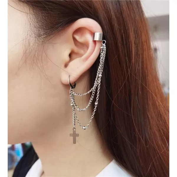 Vintage Tassel Dangle Ear Cuff Crawler Climber Earring for Women Girls Stainless Steel Cartilage Small Hoop Wrap Vine Clip on Layered Chain Drop Fashion Lightweight Comfy Jewelry 1 PieceCross