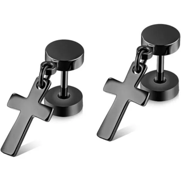 18G Barbell Cross Drop Stainless Steel Stud Earrings for Women Girls Men Hypoallergenic Piercing Dumbbell Ball Screw Studs Cartilage Tragus Fashion Punk Fake Jewelry Faith Gifts for FriendsBlack