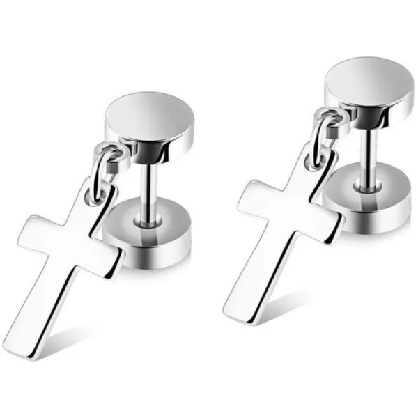 18G Barbell Cross Drop Stainless Steel Stud Earrings for Women Girls Men Hypoallergenic Piercing Dumbbell Ball Screw Studs Cartilage Tragus Fashion Punk Fake Jewelry Faith Gifts for FriendsSilver