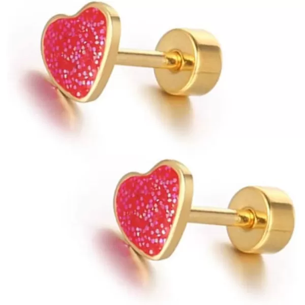 18g Titanium Heart Love Earrings for Women Girls 14k Gold Plated Stainless Steel Hypoallergenic Cute Tiny Sequins Stud Cartilage Tragus Screw Back Post Piercing Sensitive EarRed