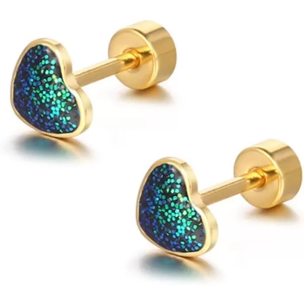 18g Titanium Heart Love Earrings for Women Girls 14k Gold Plated Stainless Steel Hypoallergenic Cute Tiny Sequins Stud Cartilage Tragus Screw Back Post Piercing Sensitive EarBlack Green