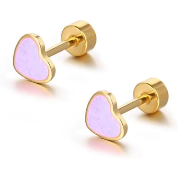 18g Titanium Heart Love Earrings for Women Girls 14k Gold Plated Stainless Steel Hypoallergenic Cute Tiny Sequins Stud Cartilage Tragus Screw Back Post Piercing Sensitive EarPurple