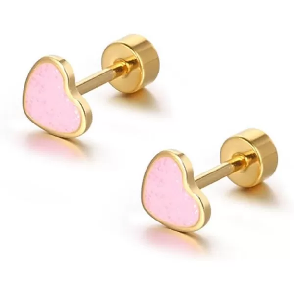 18g Titanium Heart Love Earrings for Women Girls 14k Gold Plated Stainless Steel Hypoallergenic Cute Tiny Sequins Stud Cartilage Tragus Screw Back Post Piercing Sensitive EarPink