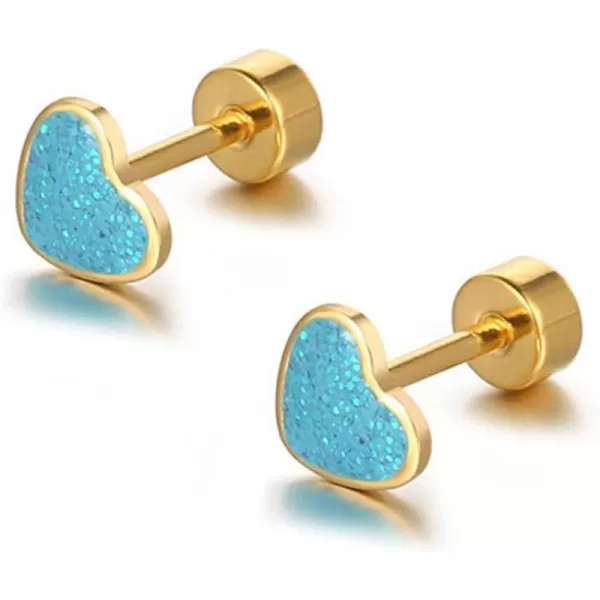 18g Titanium Heart Love Earrings for Women Girls 14k Gold Plated Stainless Steel Hypoallergenic Cute Tiny Sequins Stud Cartilage Tragus Screw Back Post Piercing Sensitive EarBlue