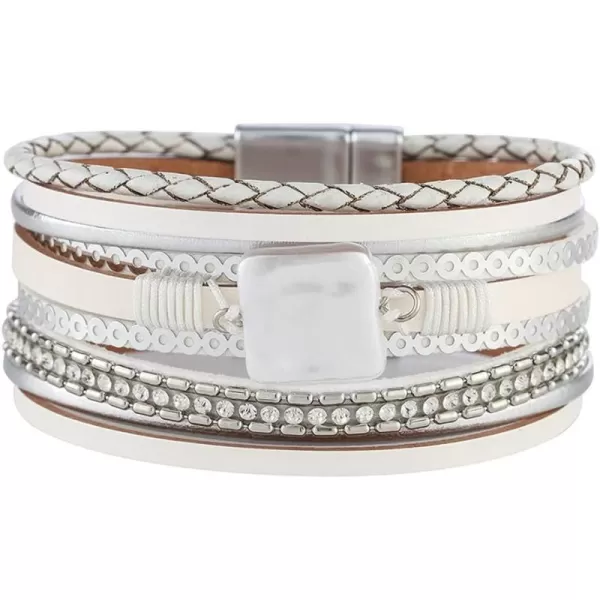 Boho PU Leather Bracelet for Women Girls Handmade Crystal Rhinestone Imitation Baroque Pearl Cuff Wrap Bracelets Silver Tube Clasp Sequins Bangle Wristbands Fashion Bohemian Jewelry Gift for Her WhiteBoho PU Leather Bracelet for Women Girls Handmade Crystal Rhinestone Imitation Baroque Pearl Cuff Wrap Bracelets Silver Tube Clasp Sequins Bangle Wristbands Fashion Bohemian Jewelry Gift for Her White