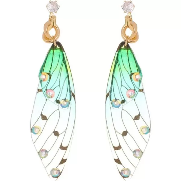 Butterfly Fairy Wing Dangle Earrings for Women Girls 925 Sterling Silver Post Pin Gold Plated AB Crystal Rhinestone Acrylic Resin Monarch Hindwing Retro Lightweight Birthday Wedding Jewelry GiftsBlue Green