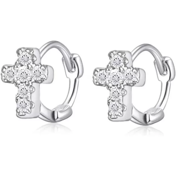 Cross Earrings Cubic Zirconia Cartilage Small Hinged Huggie Hoop Earrings for Women Girls S925 Sterling Silver Tiny CZ Tragus Stud Helix Upper Ear Dainty Crystal Jewelry Christmas Gifts6mm Silver