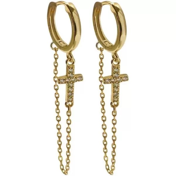 Cross Long Chain Dangle Hoop Earrings for Women Girls 925 Sterling Silver Tassel Drop Huggie Small Hoop Cartilage Studs Clip Hypoallergenic Holiday JewelryGold