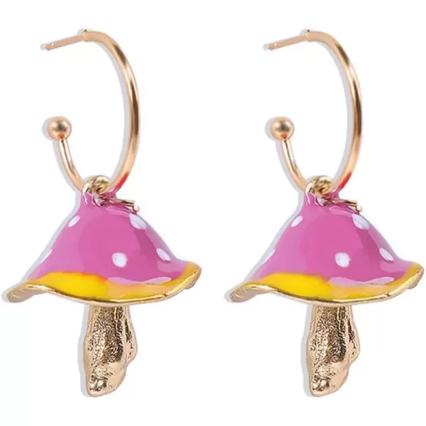 Cute Mushroom Dangle Earrings for Women Girls Gold Plated Enamel Food Half Hoop Dangling Stud Lifelike Creative Earring Birthday Party Handmade Y2K JewelryPink