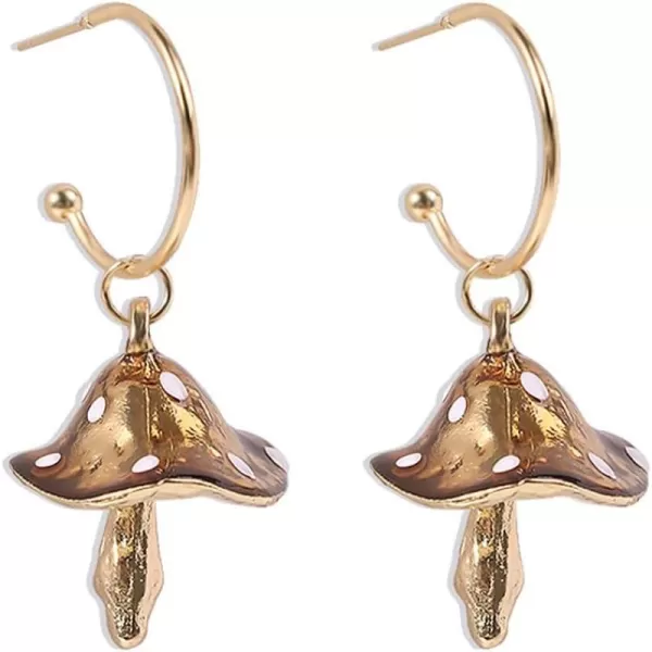 Cute Mushroom Dangle Earrings for Women Girls Gold Plated Enamel Food Half Hoop Dangling Stud Lifelike Creative Earring Birthday Party Handmade Y2K JewelryBrown