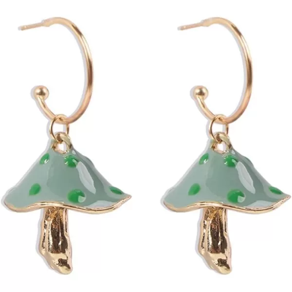 Cute Mushroom Dangle Earrings for Women Girls Gold Plated Enamel Food Half Hoop Dangling Stud Lifelike Creative Earring Birthday Party Handmade Y2K JewelryGreen