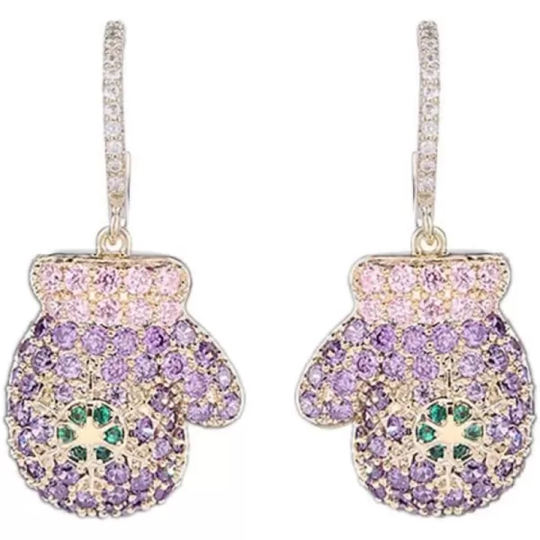 Dainty CZ Christmas Glove Dangle Earrings for Women Girls Fashion Cute Charms Snowflake Drop Half Huggie Hoops Dangling Stud Hypoallergenic Xmas Birthday Holiday Jewelry Gifts BoxPurple