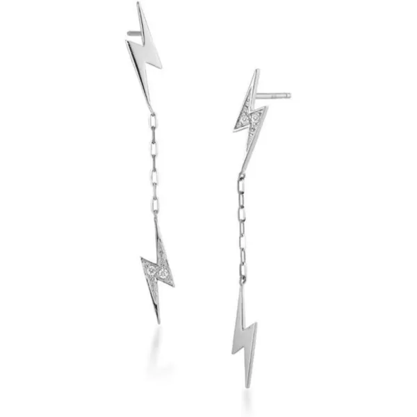 Double Lightning Bolt Tassel Drop Dangle Mini Crystal Stud Earrings for Women Girls 925 Sterling Silver Tiny Piercing Ear Studs Cartilage Tragus Chain Nickel Free Fashion Punk JewelrySilver