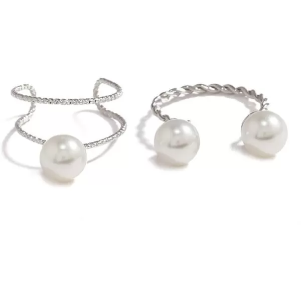 Dtja 2pcs Shell Pearl Adjustable Wedding Statement Rings for Women Girls Silver Plated Expandable Twisted Layered Open Wrap Rings Comfort Fit Fashion Delicate Birthday Christmas Party Jewelry GiftsSilver
