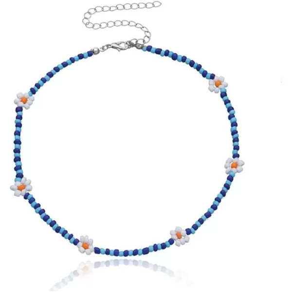 Dtja Boho Bead Flower Necklace for Women Girls Bohemian Colorful Ball Bead Seed Handmade Adjustable Choker Chain Layered Bracelet Anklet Beachy Y2K Necklaces GiftBlue