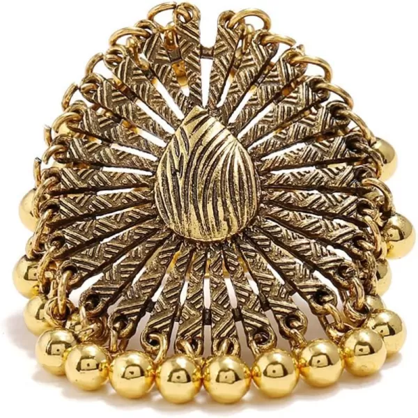 Dtja Boho Big Teardrop Statement Ring for Women Girls Vintage Tassel Ball Bead Adjustable Open Band Cocktail Party Ring Comfort Fit Gypsy Indian Bollywood Peacock Tail Exaggerated JewelryGold